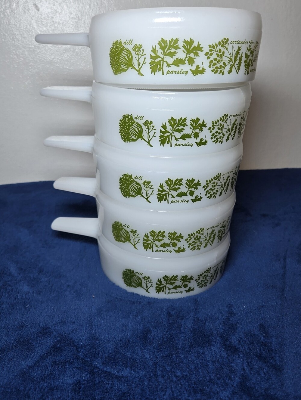 Vintage Set Of 5 Jeanette Glasbake Herbs Stackable Milk Glass Soup Bowl Crocks